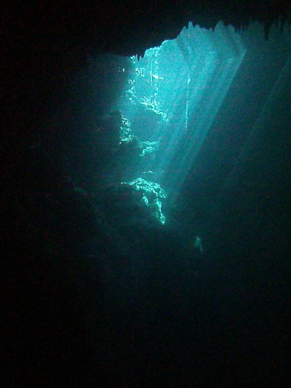 Raios de sol entram no incrível poço do Cenote The Pit, em Tulum, no Yucatán, sul do México